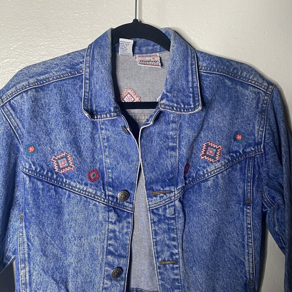 VTG 90s Nuovo County Seat Womens Denim Jean Jacket Sz S Acid Wash Trucker Aztec
